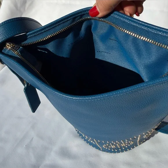 Coach Cobalt Blue Leather Studded Duffel Bucket Bag Gold Studs 2014 34506 - Picture 11 of 12